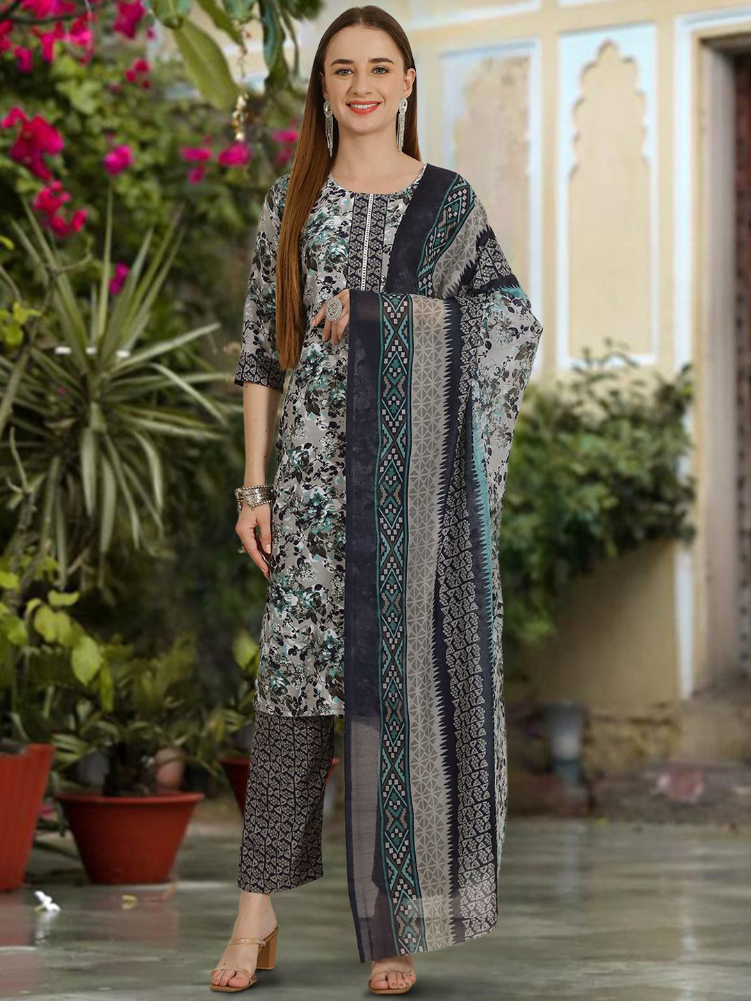 

7Threads Floral Printed Pure Cotton Straight Kurta with Trousers & Dupatta, Navy blue