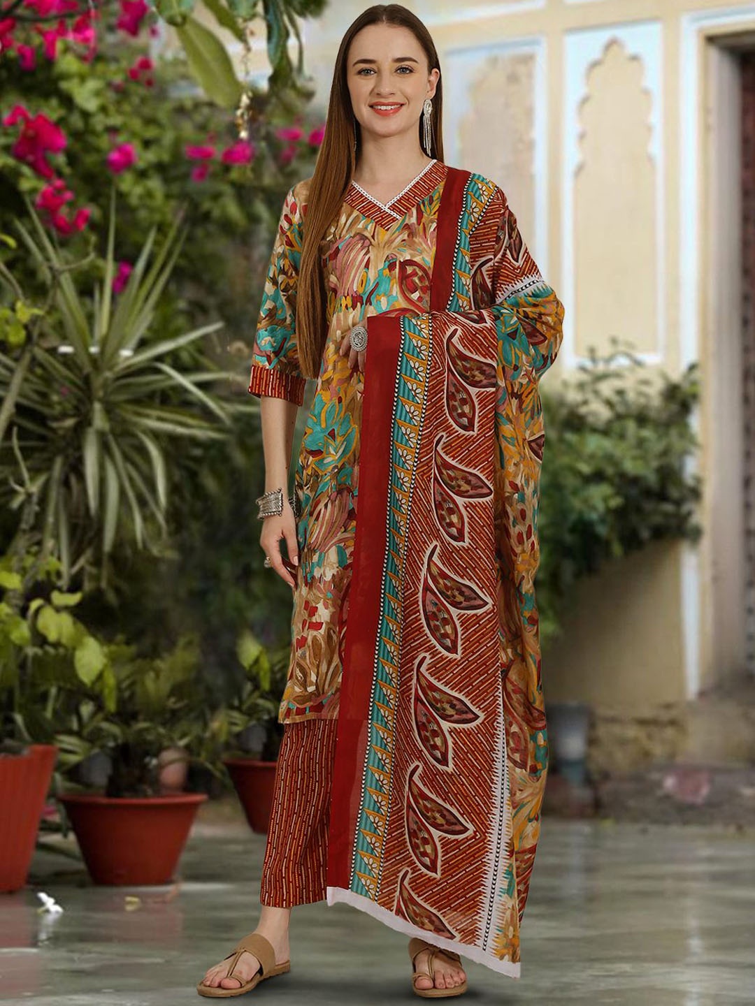 

7Threads Floral Printed Pure Cotton Straight Kurta with Trousers & Dupatta, Mustard