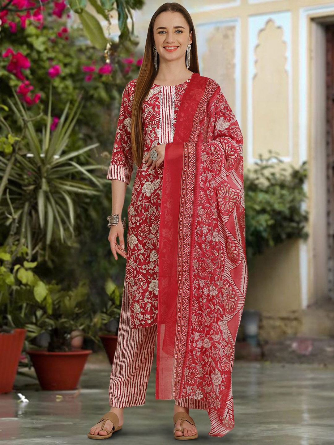 

7Threads Floral Printed Pure Cotton Straight Kurta with Trousers & Dupatta, Pink