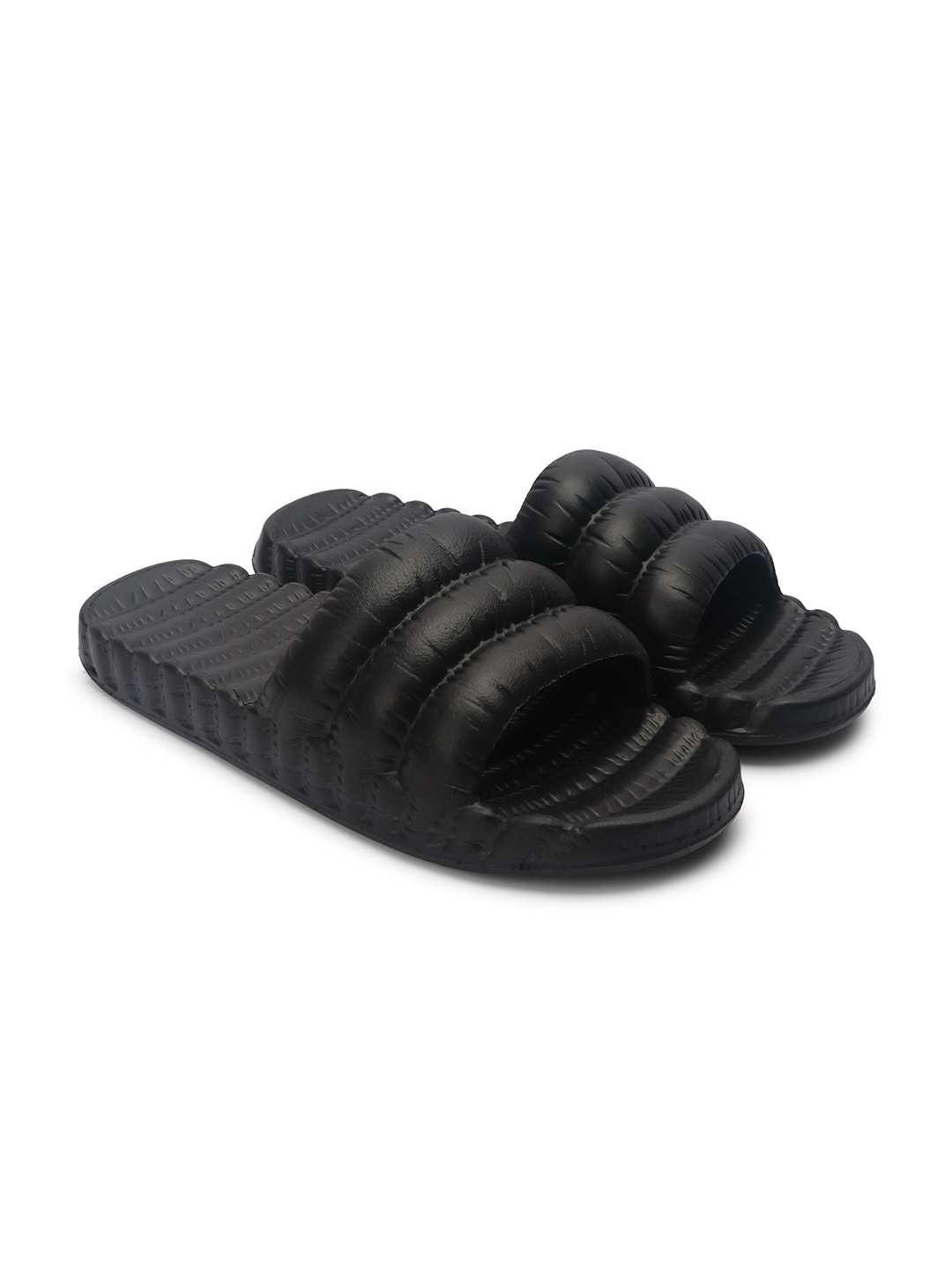 

ZAYDN Men Striped Rubber Sliders, Black