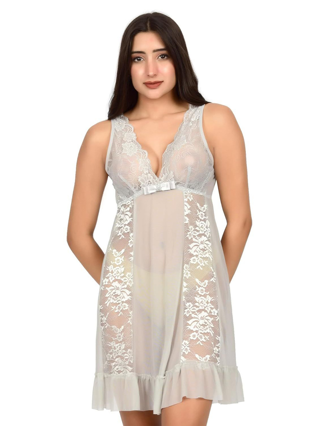 

bare dezire Self Design V-Neck Net Baby Doll, Grey