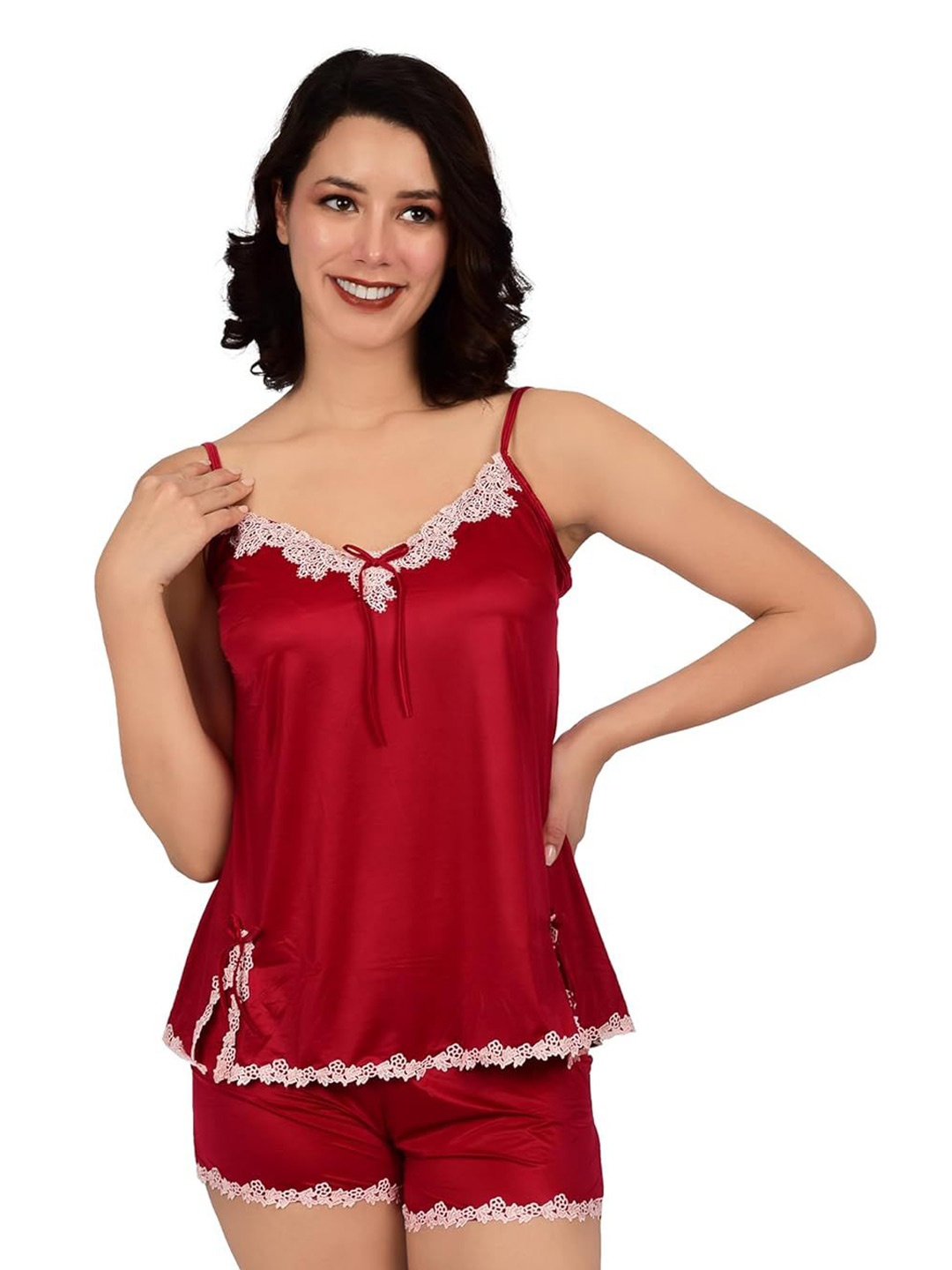 

bare dezire Lace Shoulder Straps Satin Cami With Shorts, Red