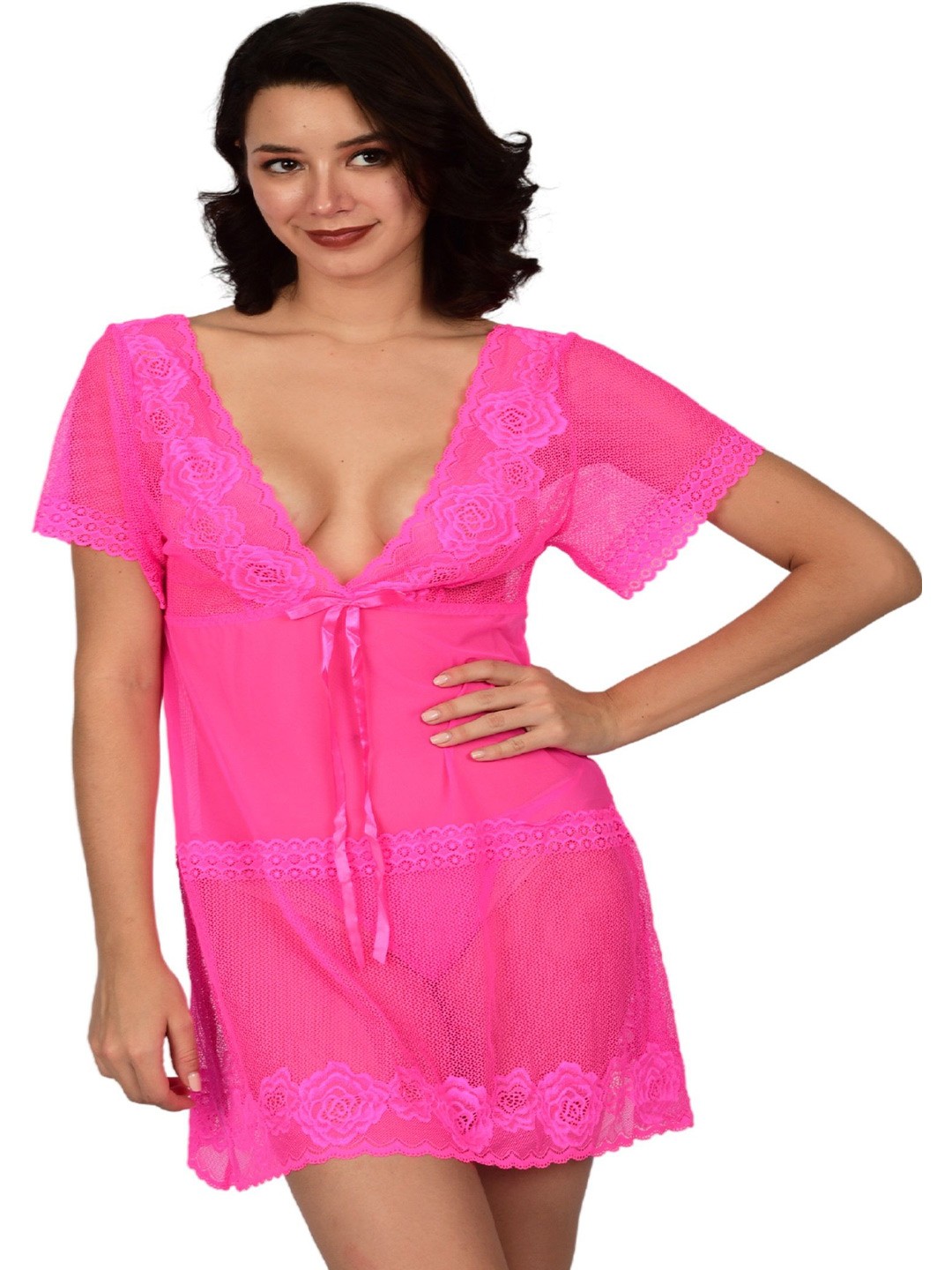 

bare dezire Self Design V-Neck Net Baby Doll, Pink