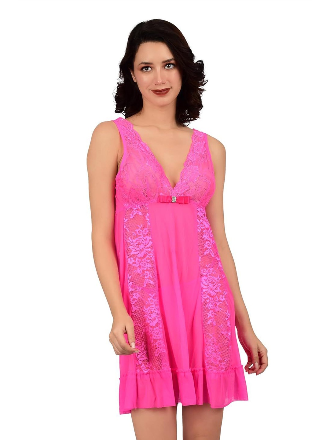 

bare dezire Self Design V-Neck Net Baby Doll, Pink