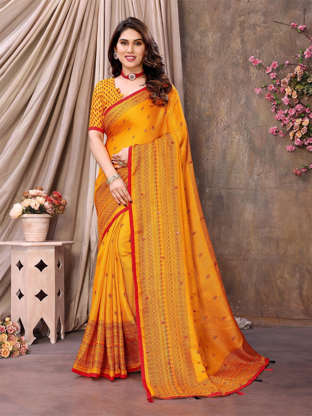 

Vipra Designer Ethnic Motifs Mirror Work Jute Cotton Saree, Yellow