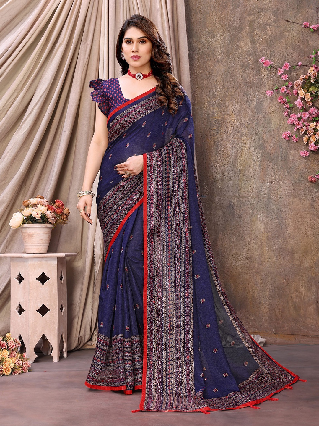 

Vipra Designer Ethnic Motifs Mirror Work Jute Cotton Saree, Navy blue