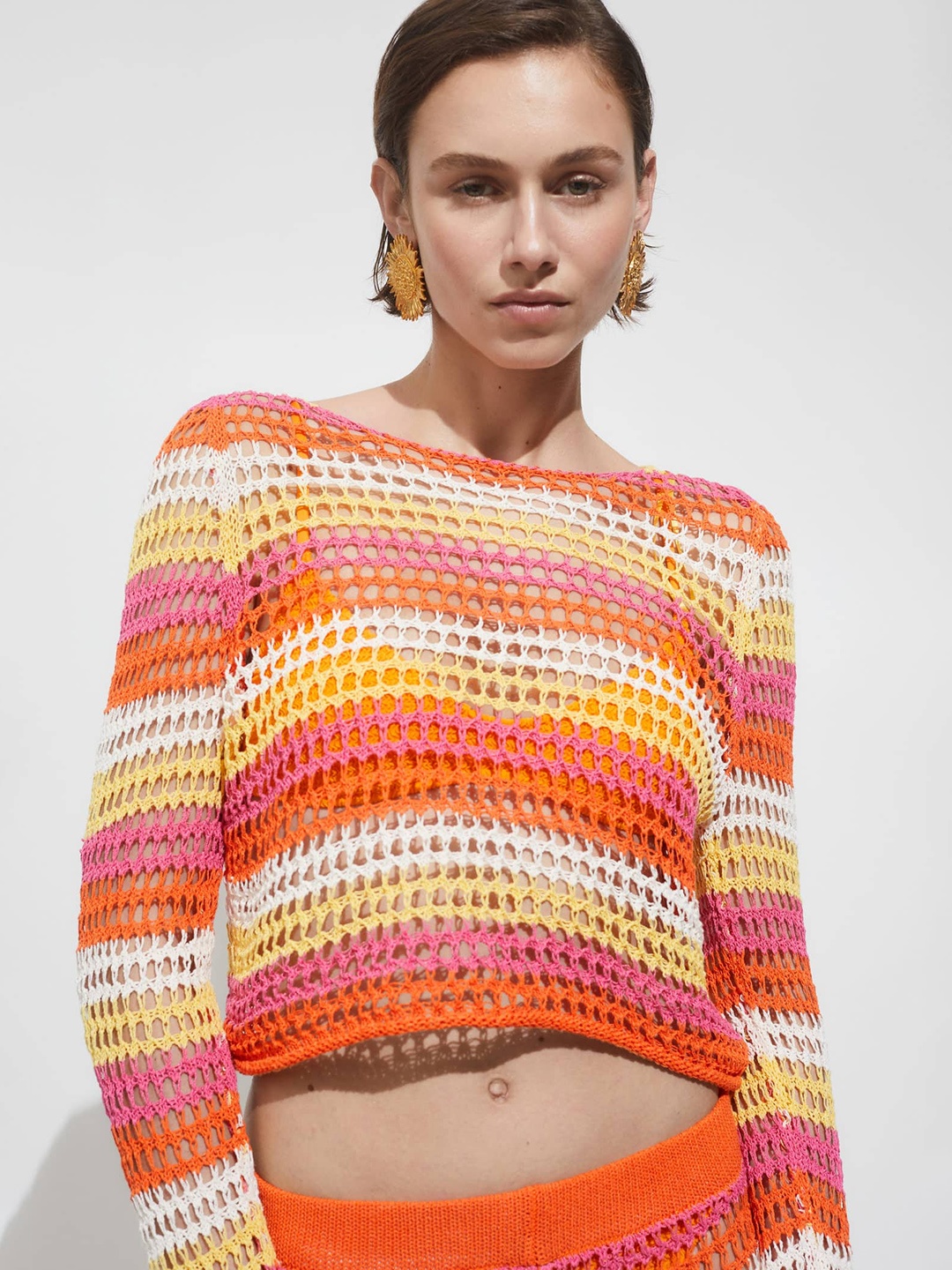 

MANGO Striped Crochet Top, Orange