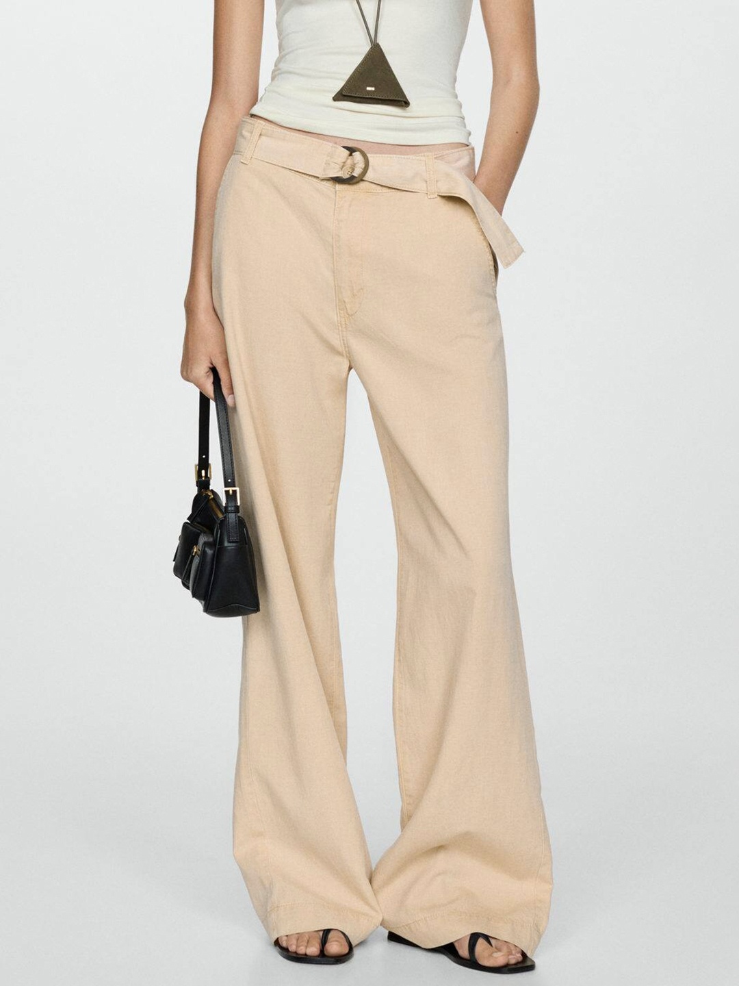 

MANGO Women Parallel Trousers With a Belt, Beige
