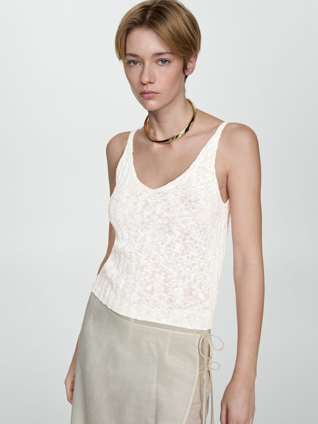 

MANGO Knitted Shoulder Straps Top, White