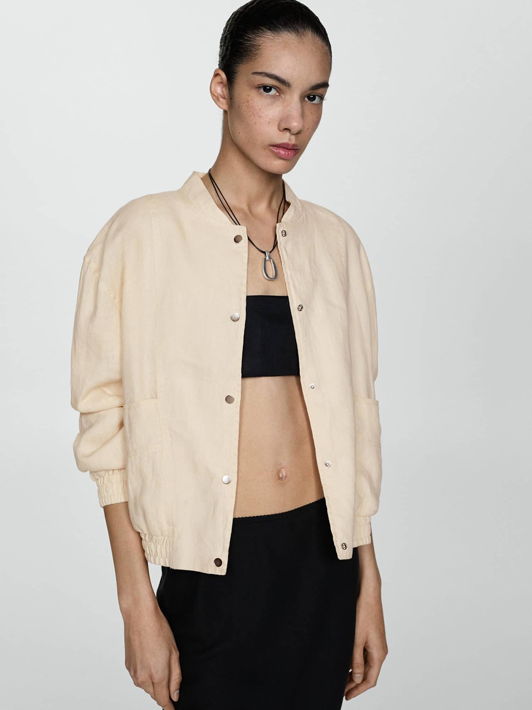 

MANGO Women Linen Tailored Jacket, Beige