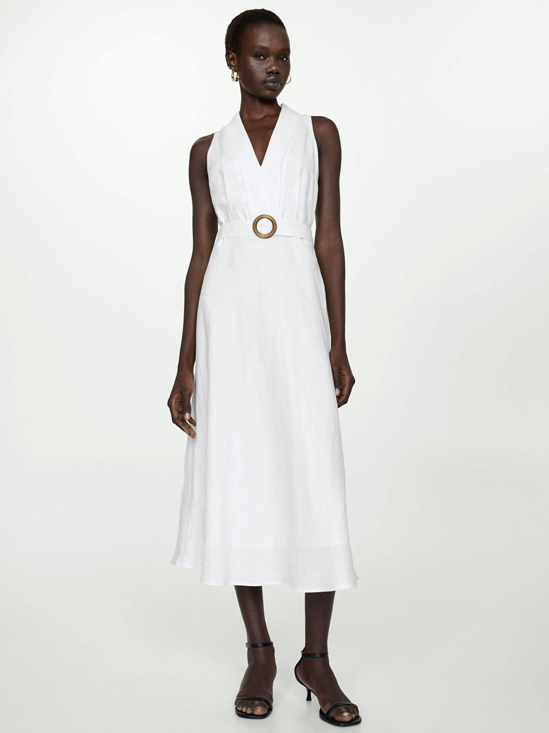 

MANGO Linen A-Line Midi Dress with Belt, White