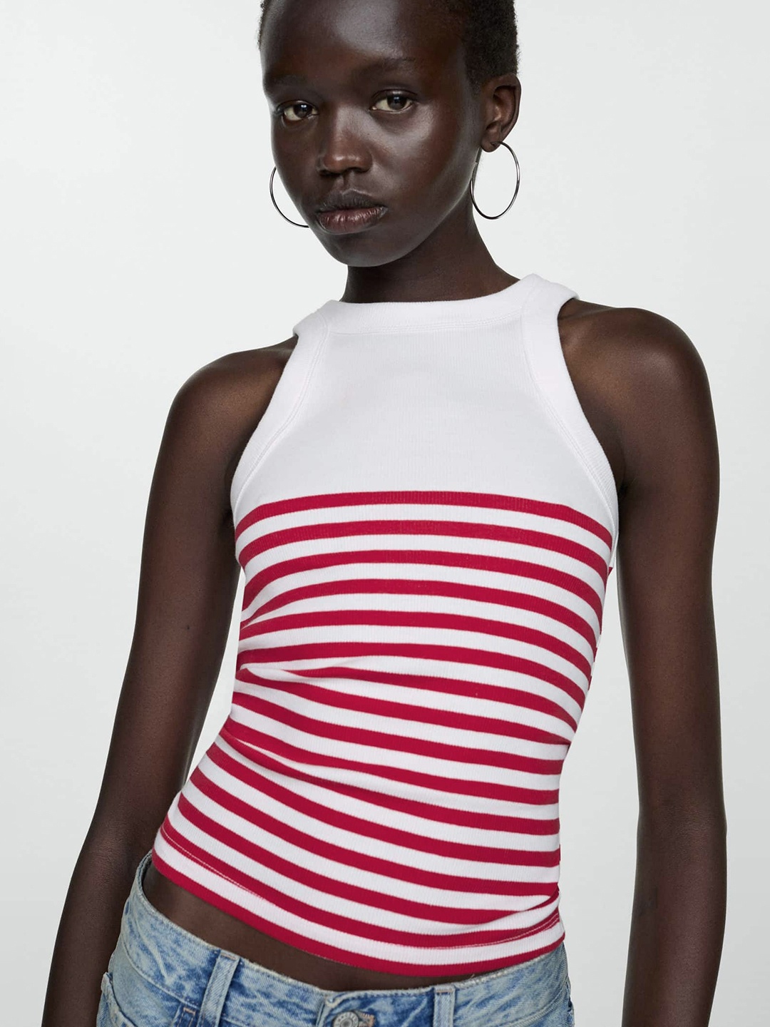 

MANGO Striped Cotton Fitted Top, White