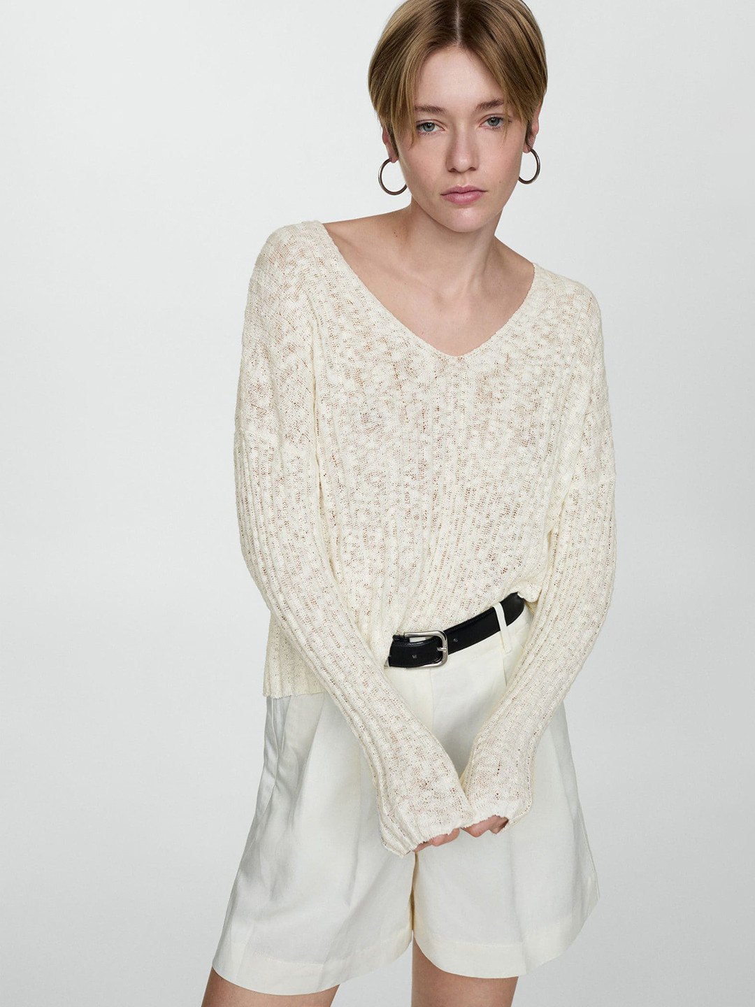 

MANGO V-Neck Ribbed Pullover, White