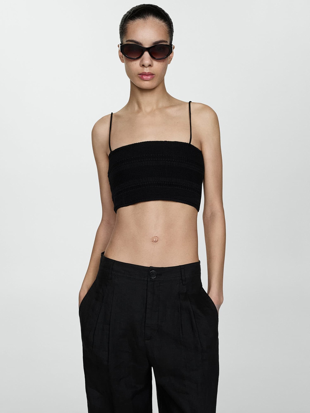 

MANGO Shoulder Straps Tube Crop Top, Black