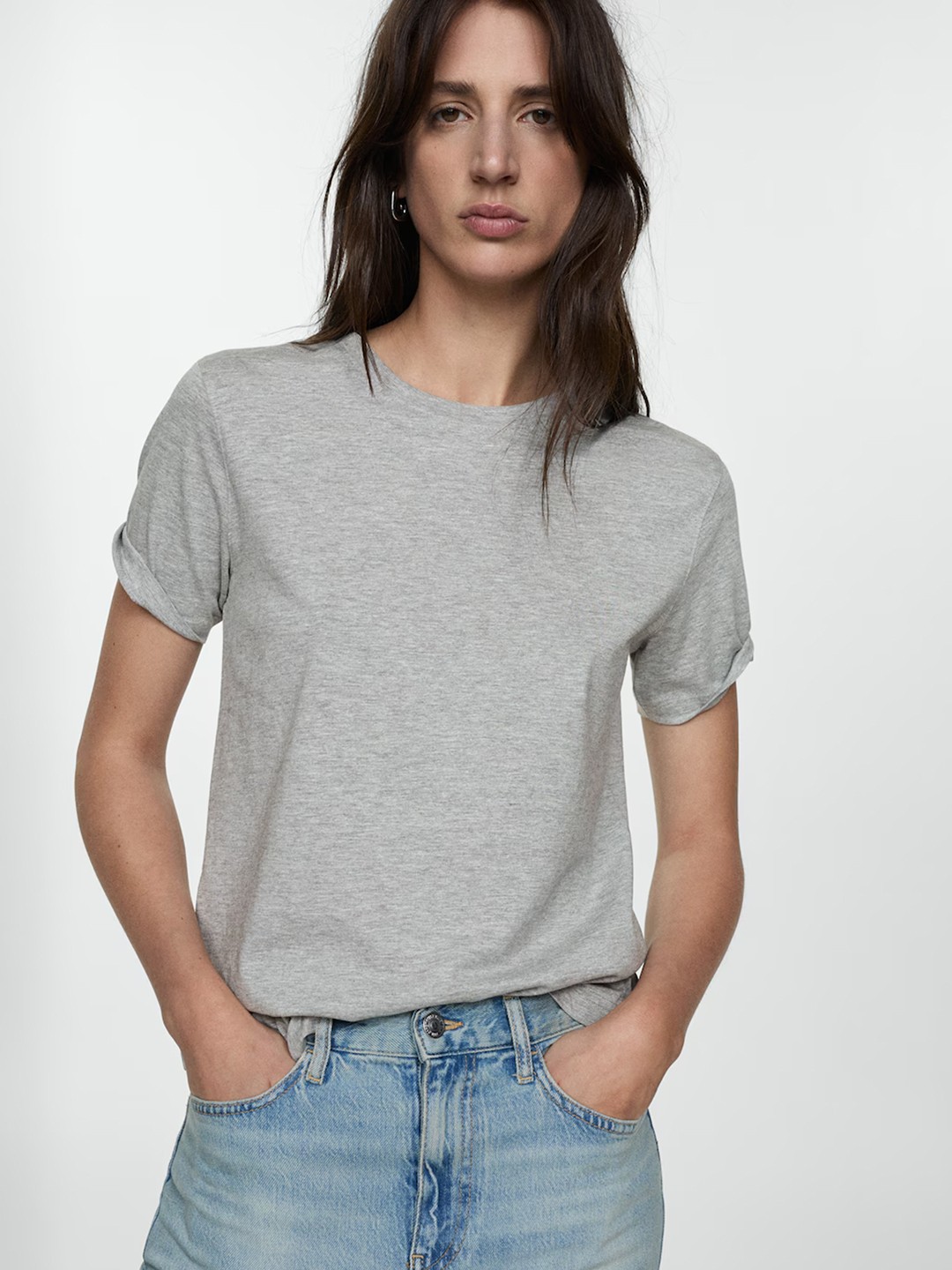 

MANGO Drop-Shoulder Sleeves Pure Cotton T-shirt, Grey melange