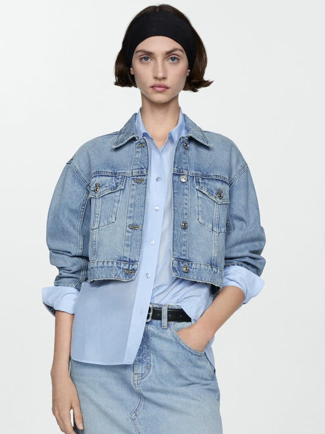 

MANGO Women Cotton Crop Denim Jacket, Blue
