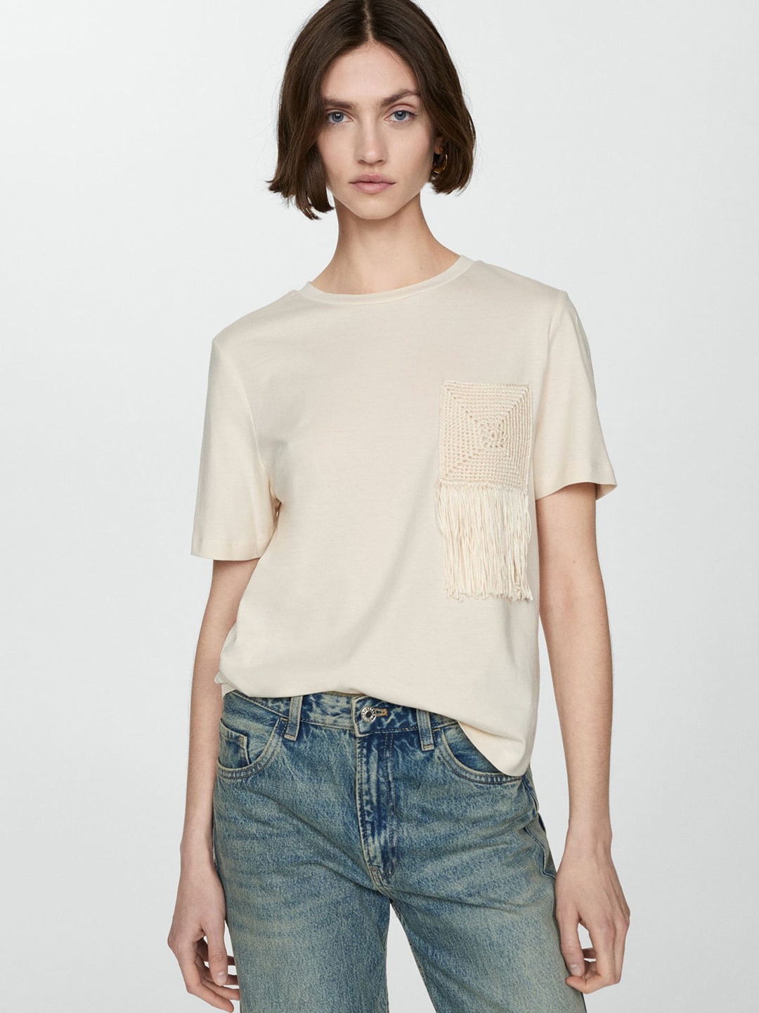 

MANGO Drop-Shoulder Sleeves Pure Cotton Crochet Applique T-shirt, Beige