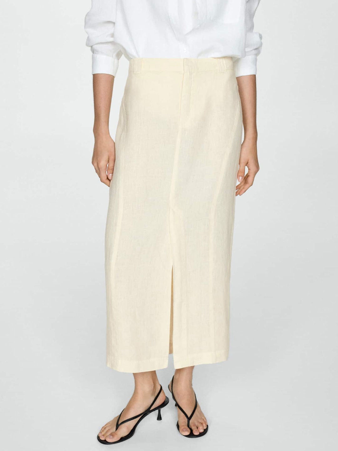 

MANGO Pure Linen Straight Midi Skirt with Slit, Cream