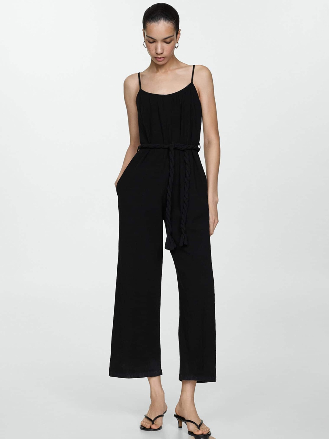 

MANGO Pure Cotton Basic Jumpsuit with Belt, Black