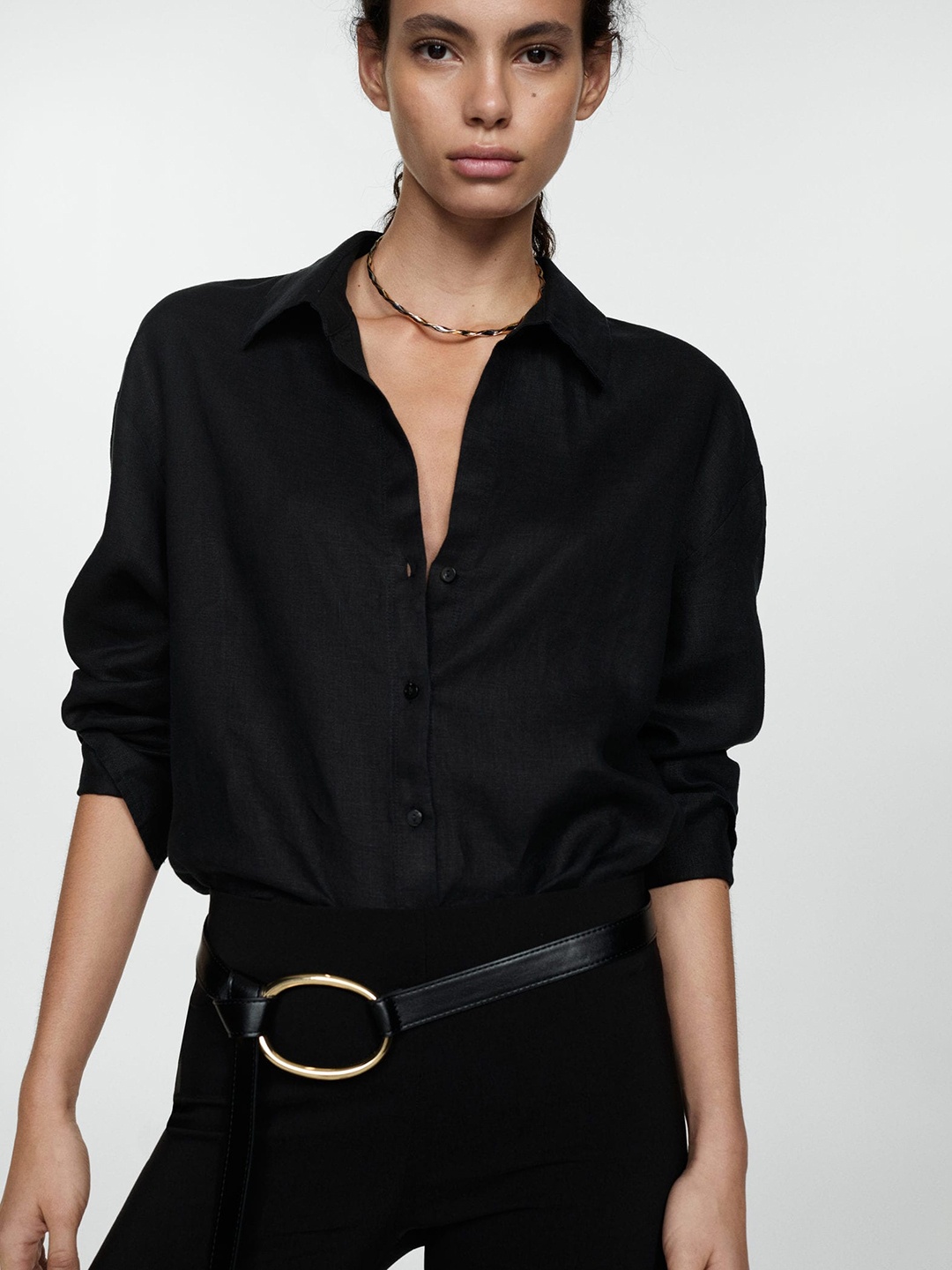 

MANGO Women Oversized Linen Casual Shirt, Black