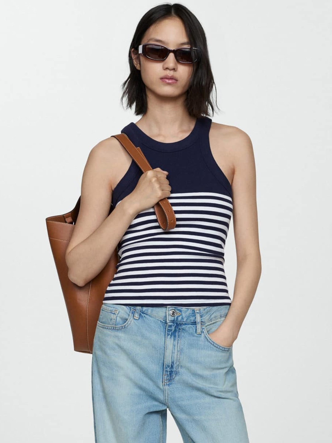 

MANGO Striped Cotton Sleeveless Top, Blue