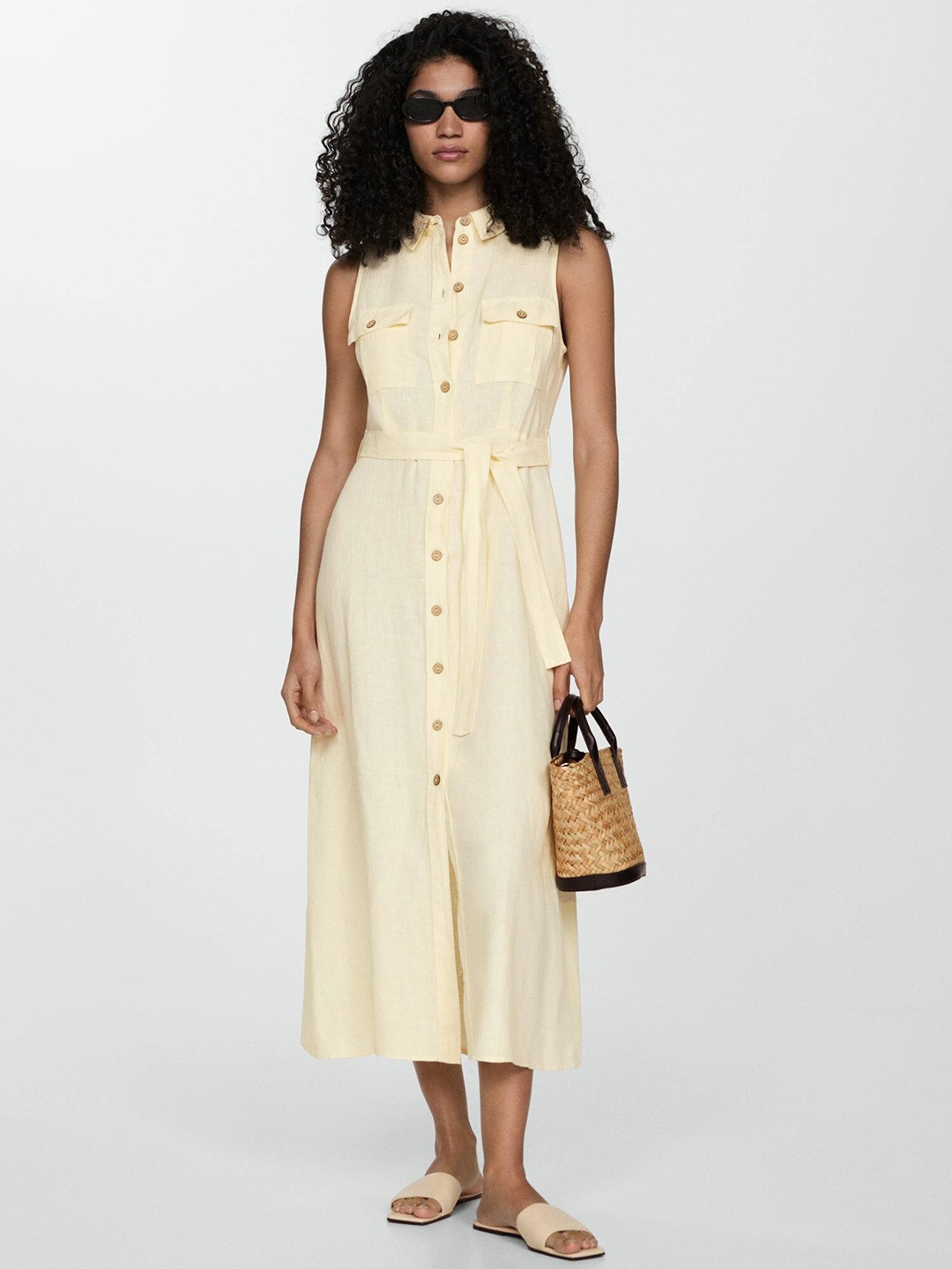 

MANGO Linen A-Line Midi Dress with Belt, Cream