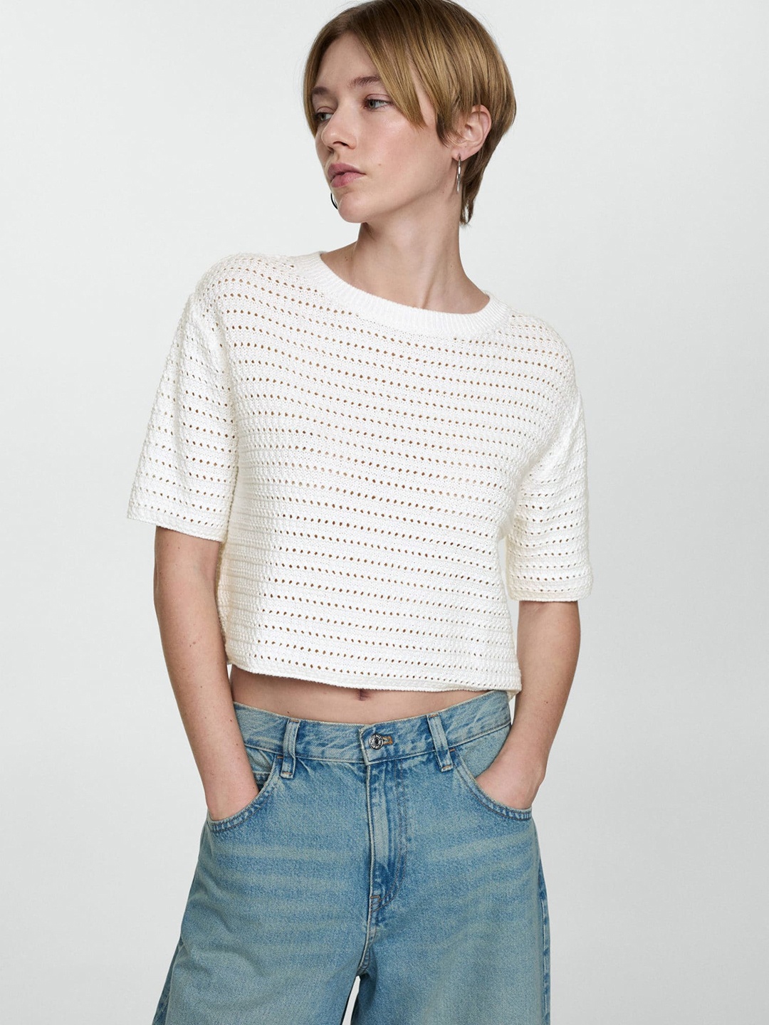 

MANGO Open Knit Pure Cotton Pullover, White