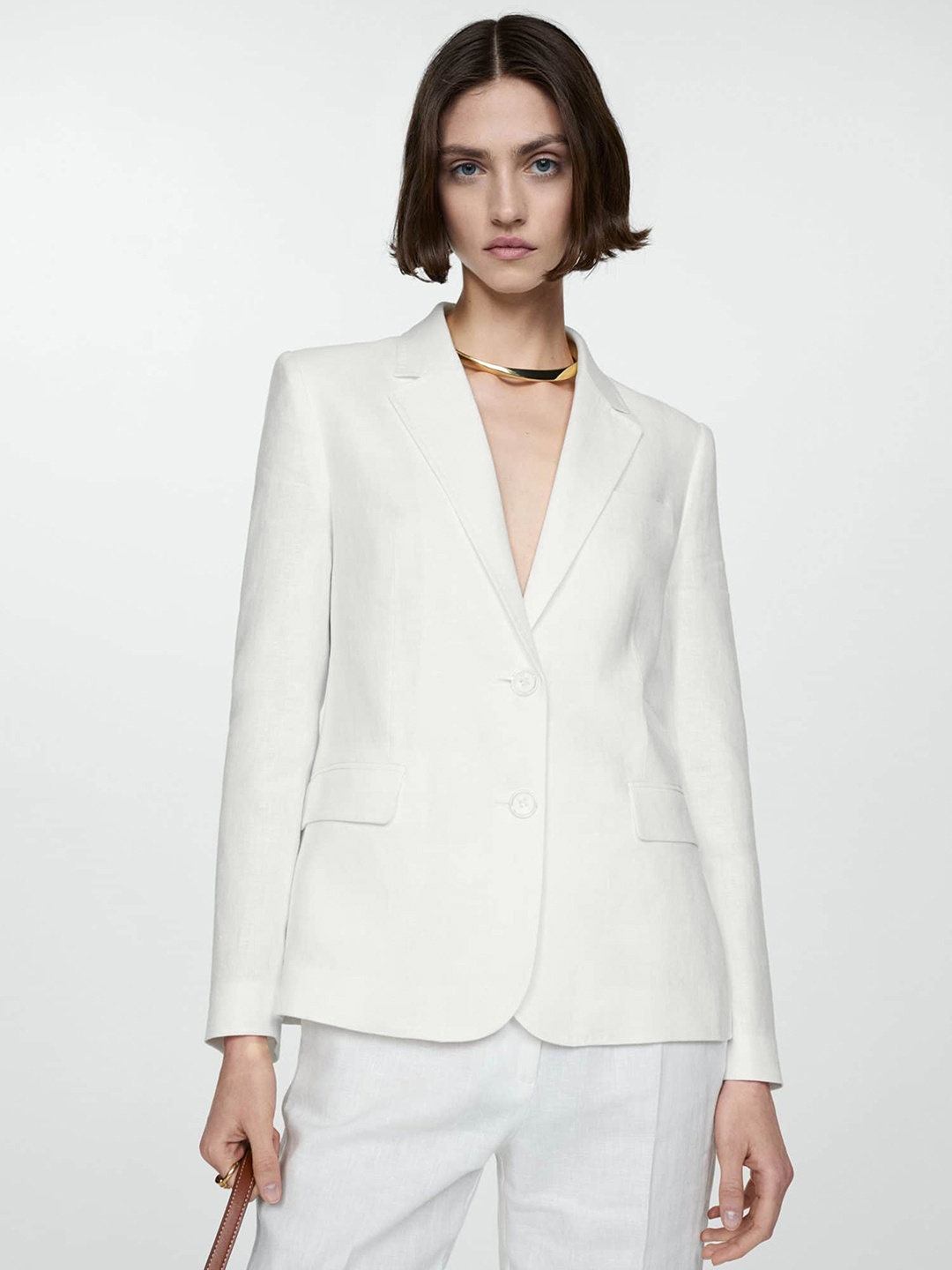 

MANGO Single-Breasted Linen Formal Blazer, White