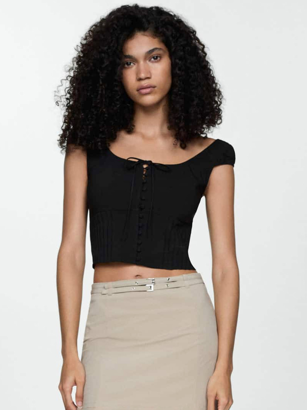 

MANGO Puff Sleeve Crop Top, Black