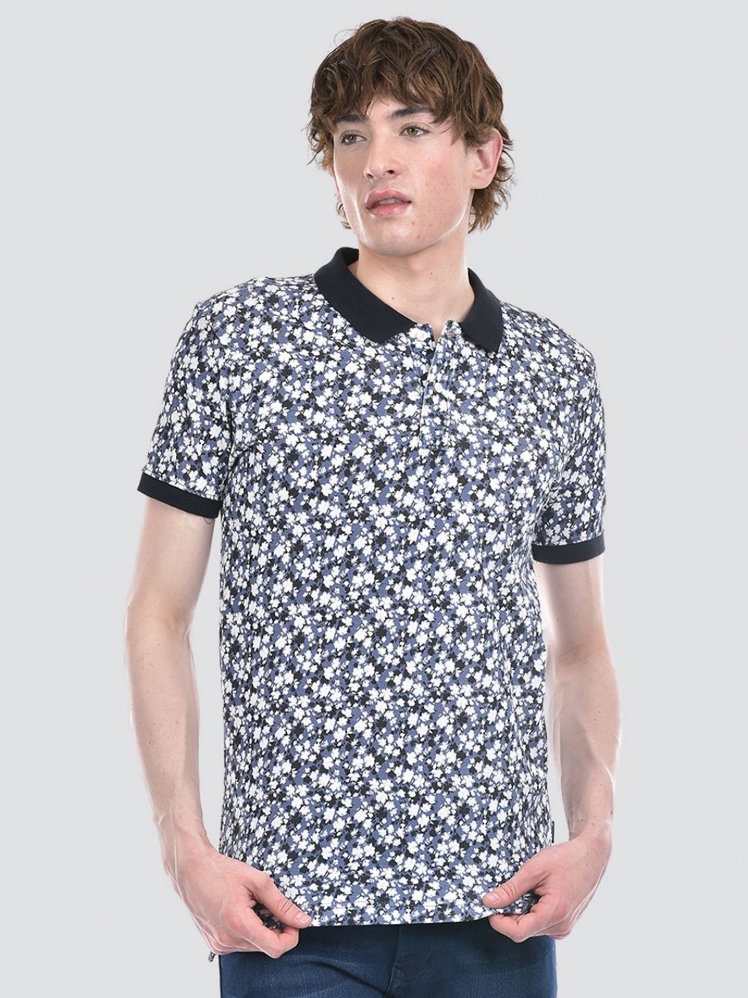 

Numero Uno Men Floral Printed Polo Collar T-shirt, Black