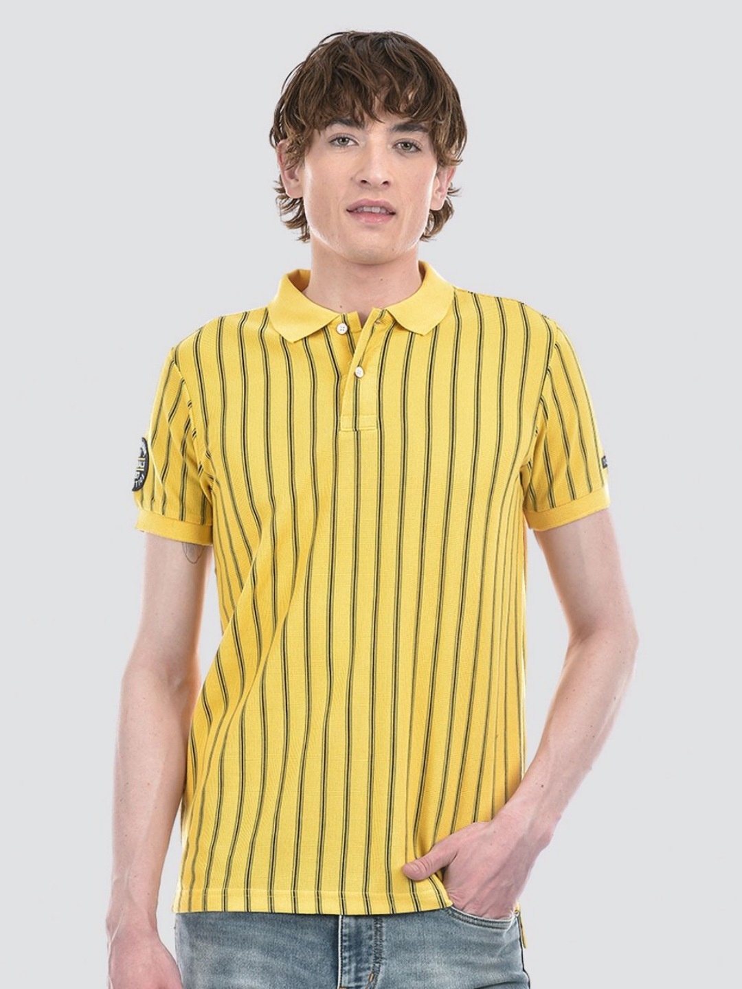 

Numero Uno Men Striped Polo Collar T-shirt, Yellow