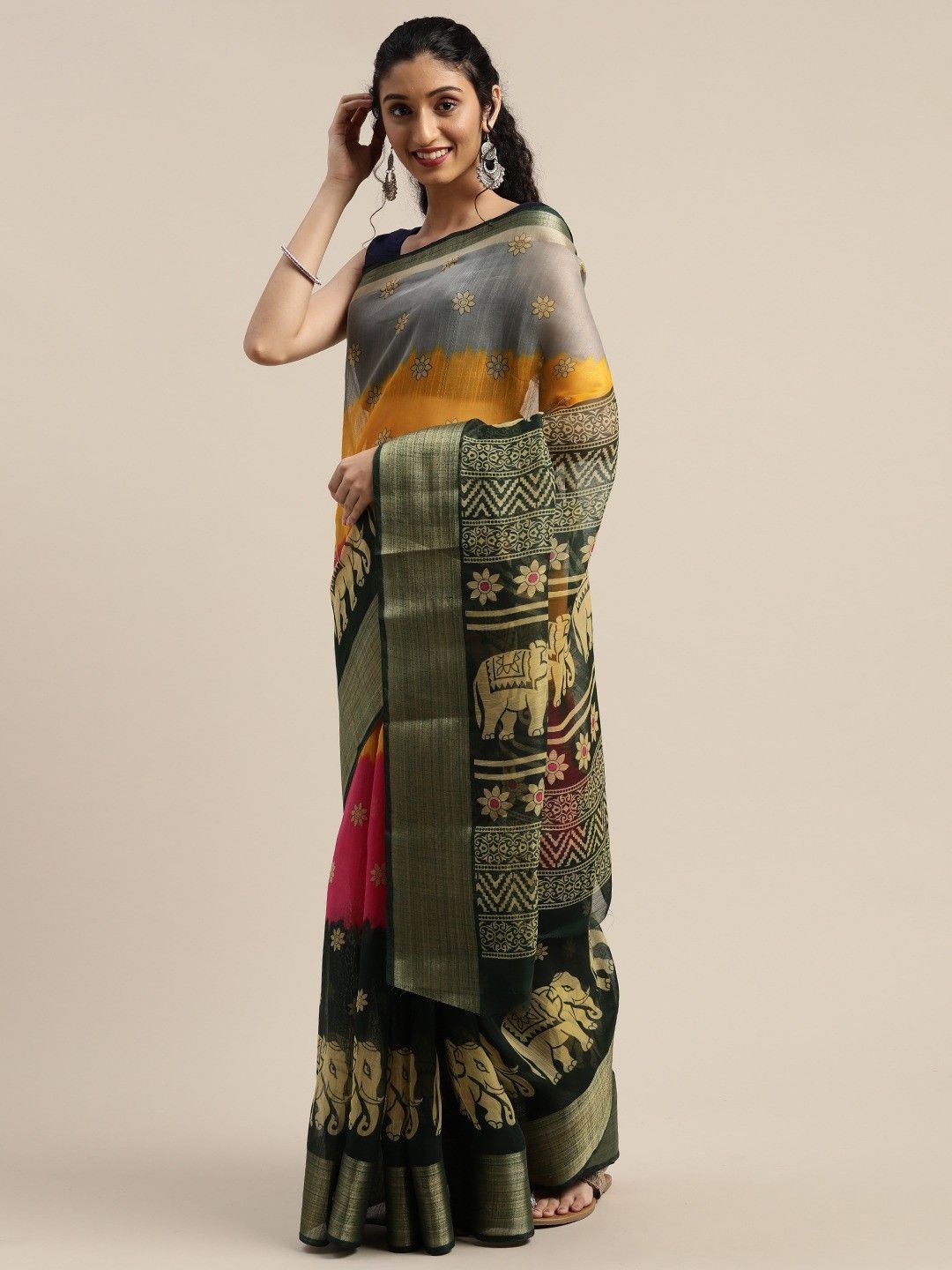 

KALINI Ethnic Motifs Zari Saree, Green