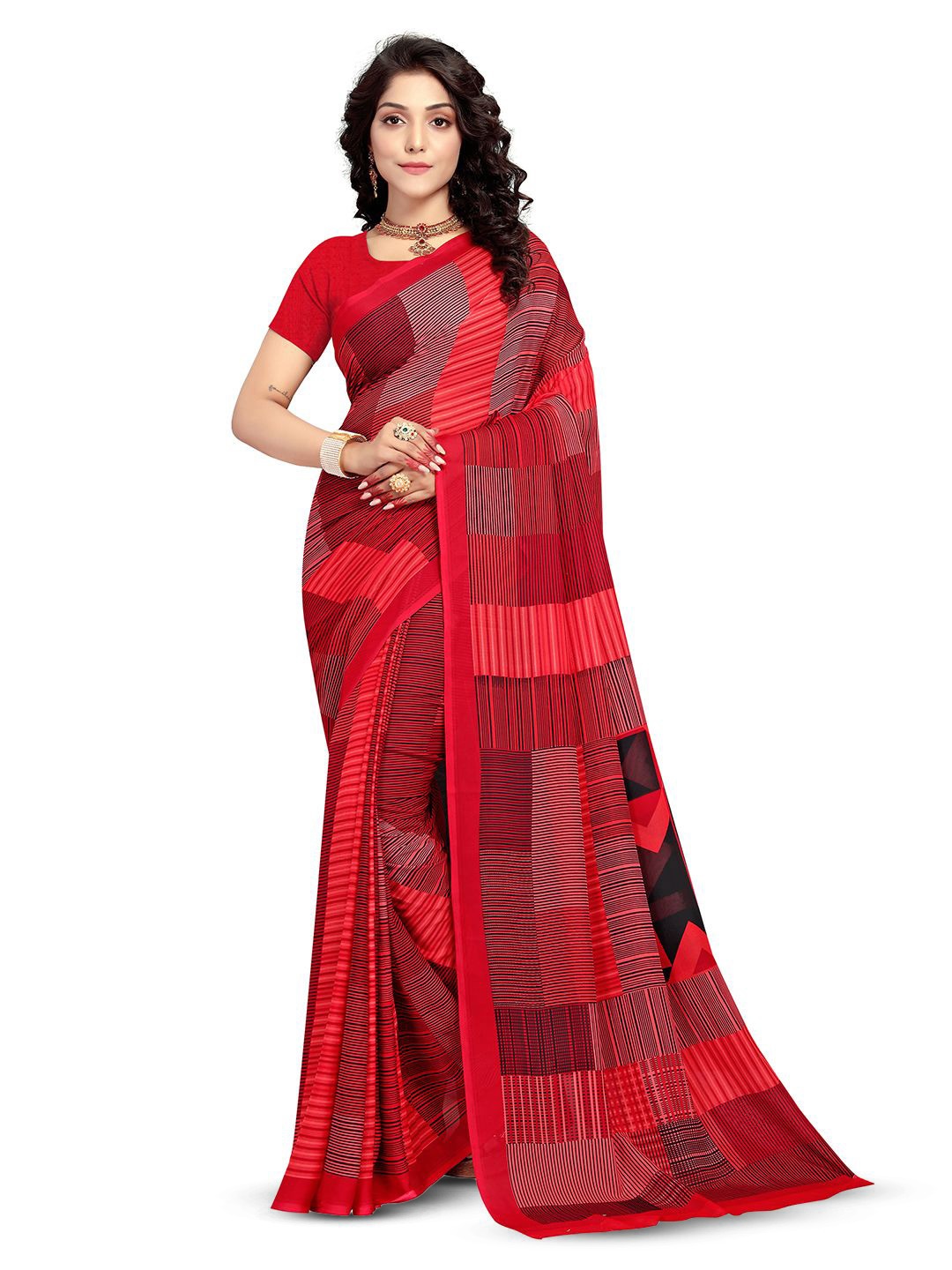 

KALINI Checked Pure Georgette Saree, Red