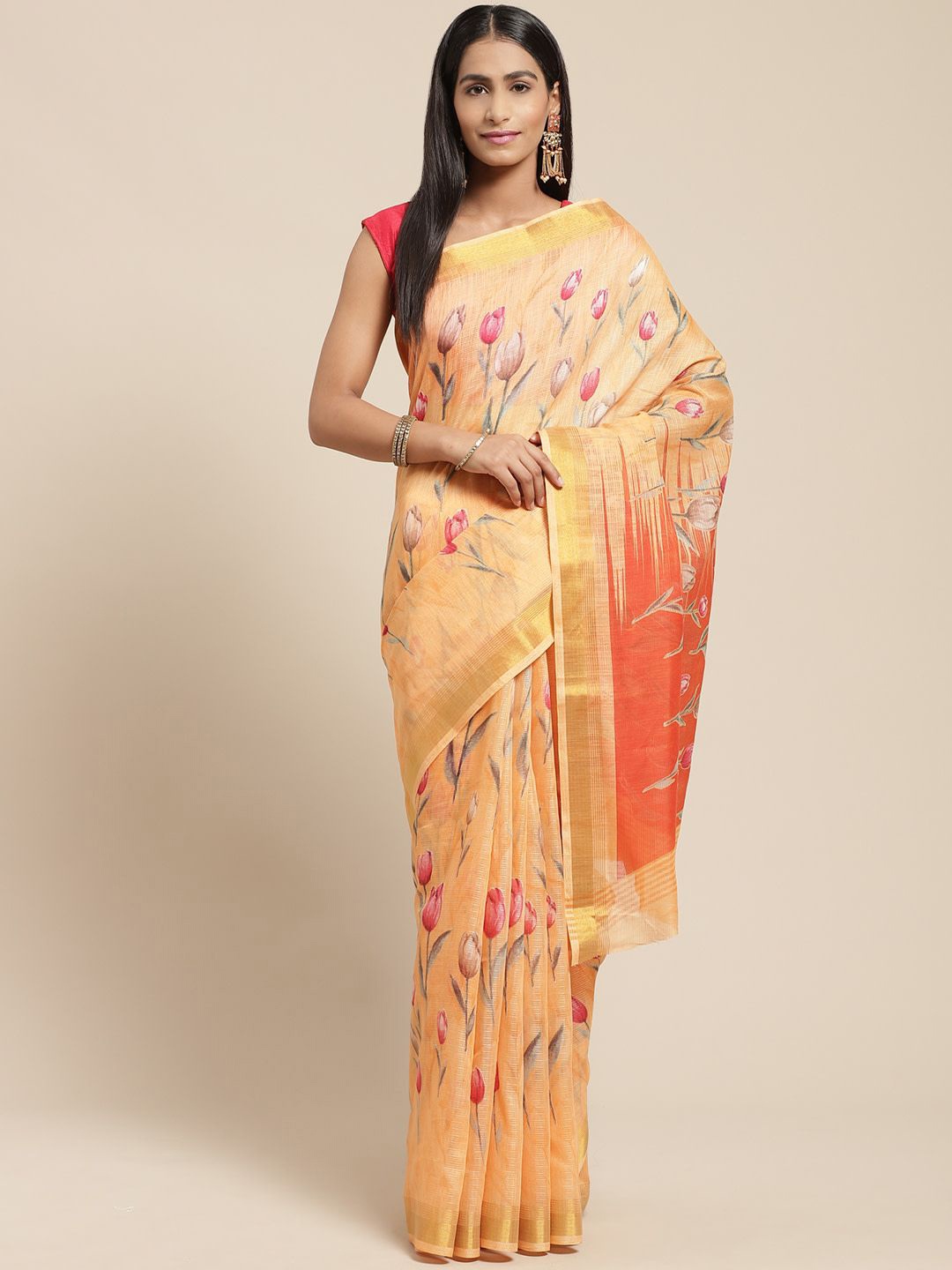 

KALINI Floral Zari Saree, Orange