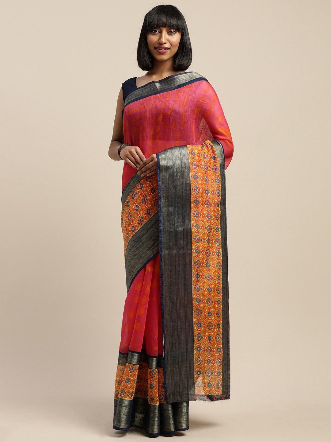 

KALINI Ethnic Motifs Zari Saree, Pink