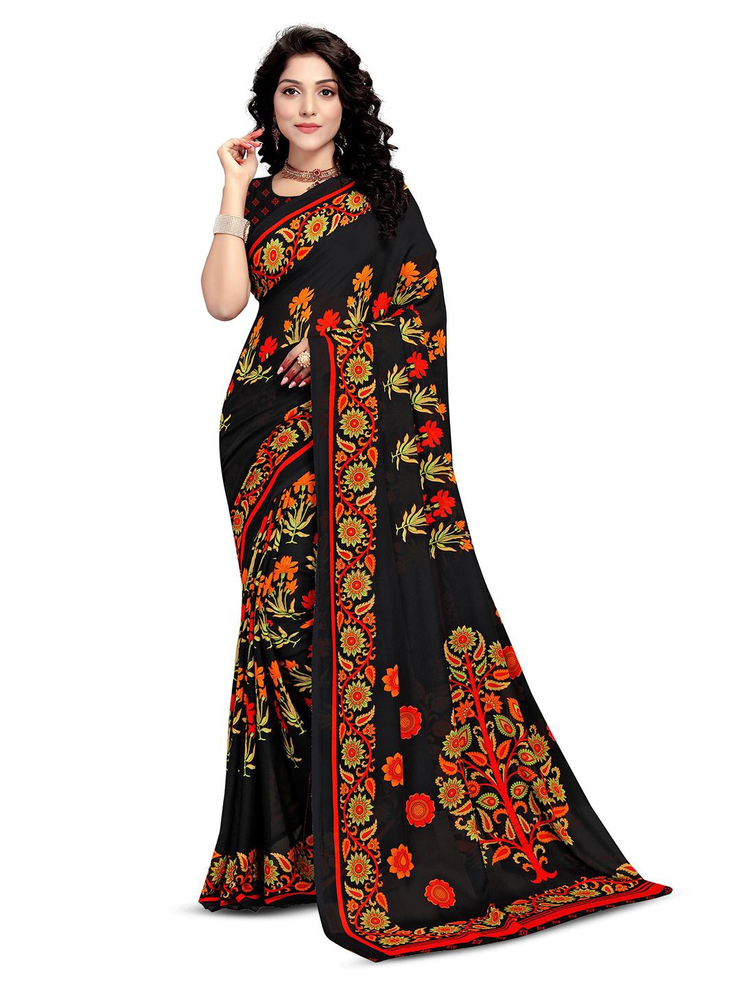 

KALINI Floral Pure Georgette Saree, Black