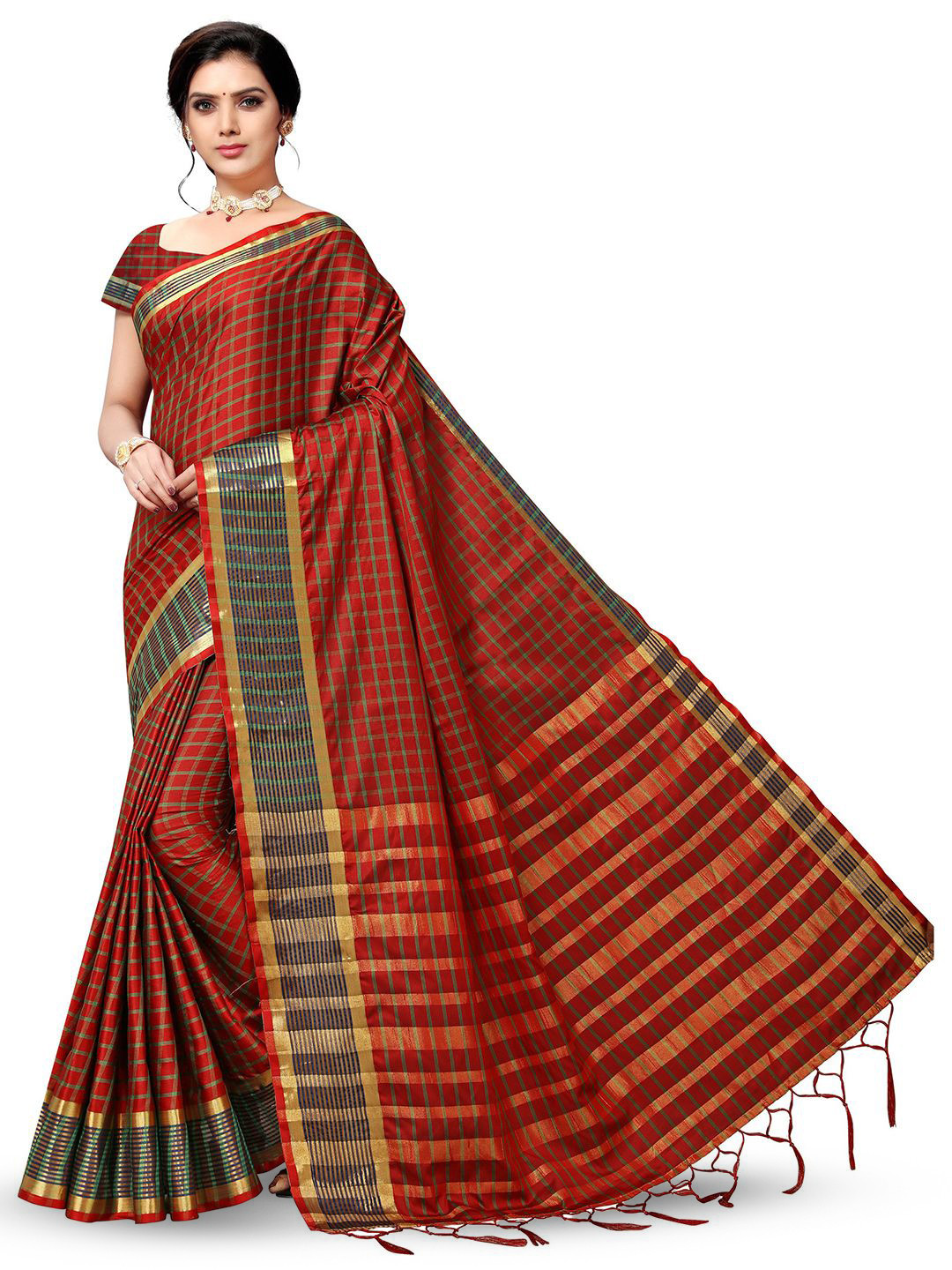 

KALINI Checked Zari Printed Saree, Brown