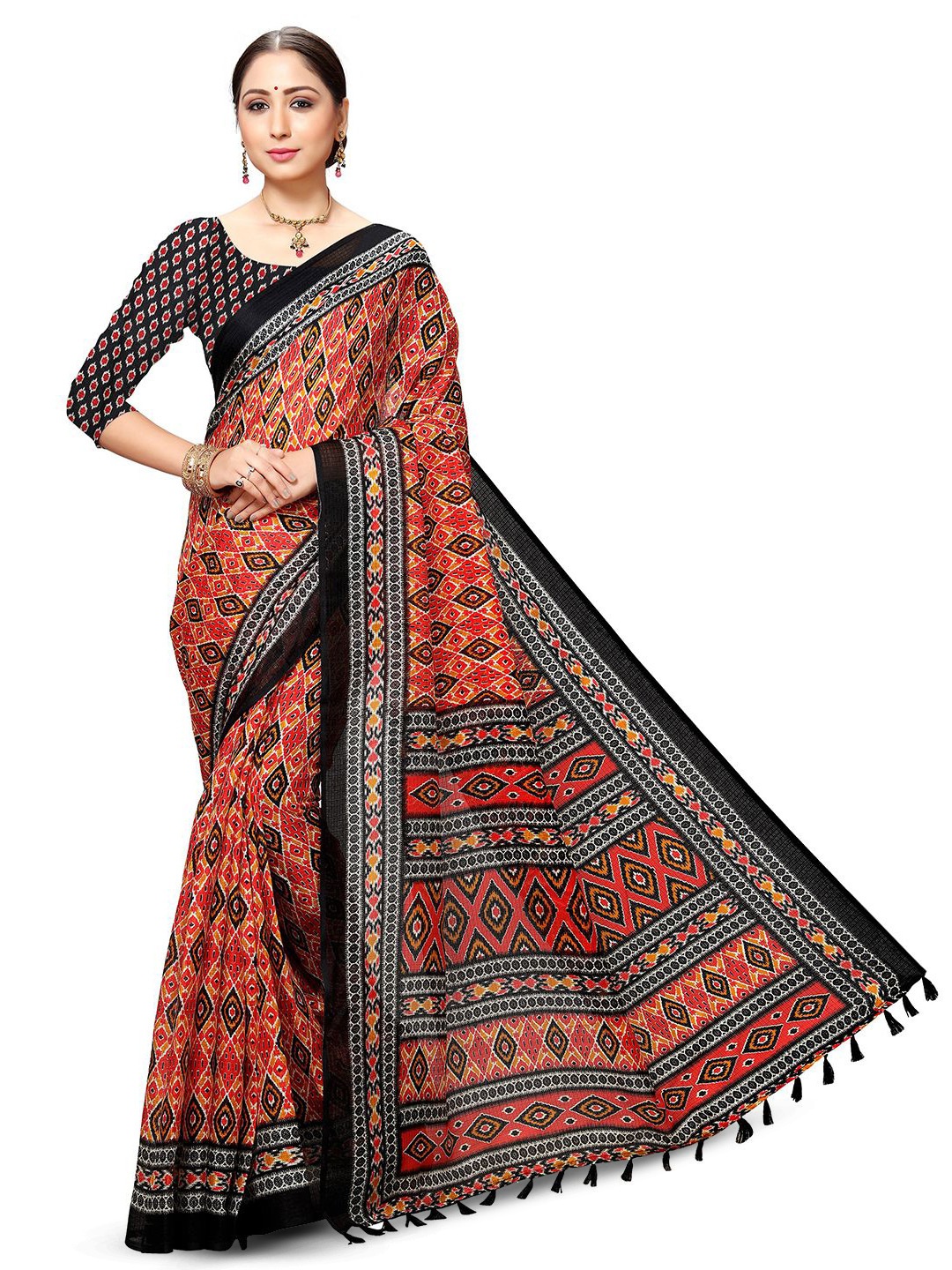 

KALINI Geometric Print Saree with Blouse Piece, Black