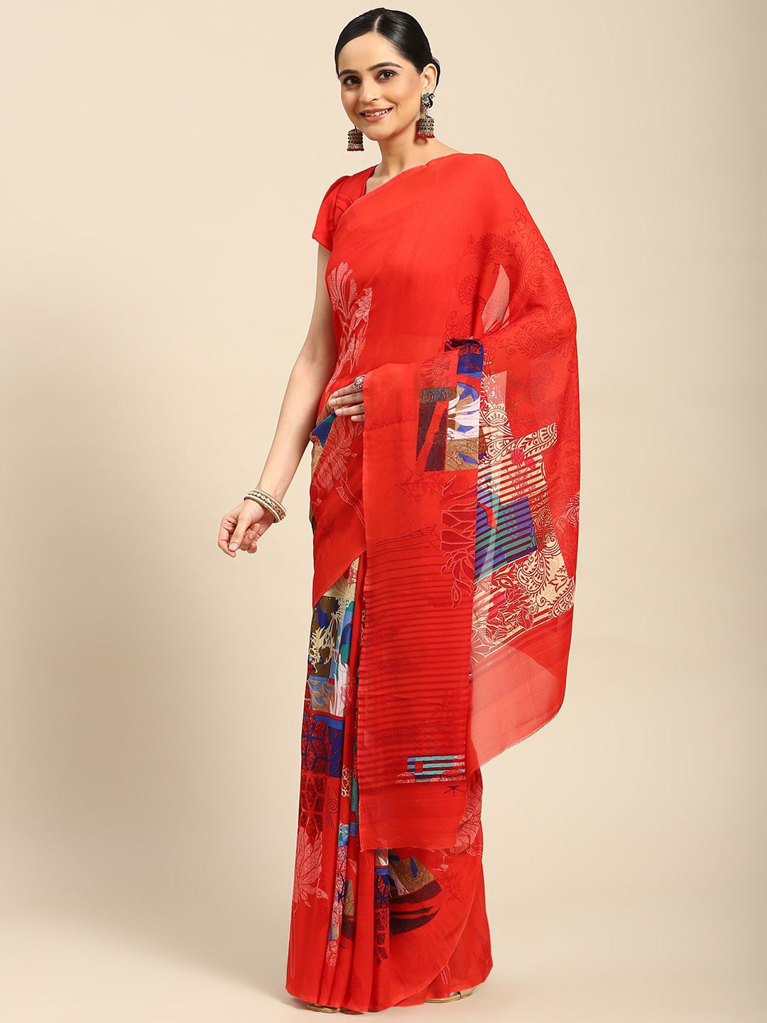 

KALINI Ethnic Motifs Pure Georgette Saree, Red
