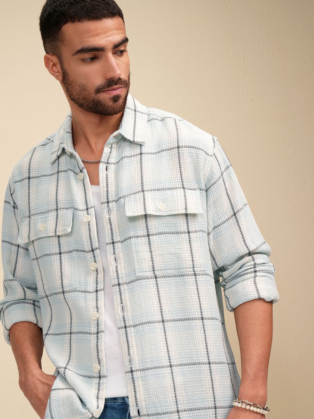 

LOCOMOTIVE Premium Men Waffle Dobby Checked Utility Pocket Oversized Shirt, Blue