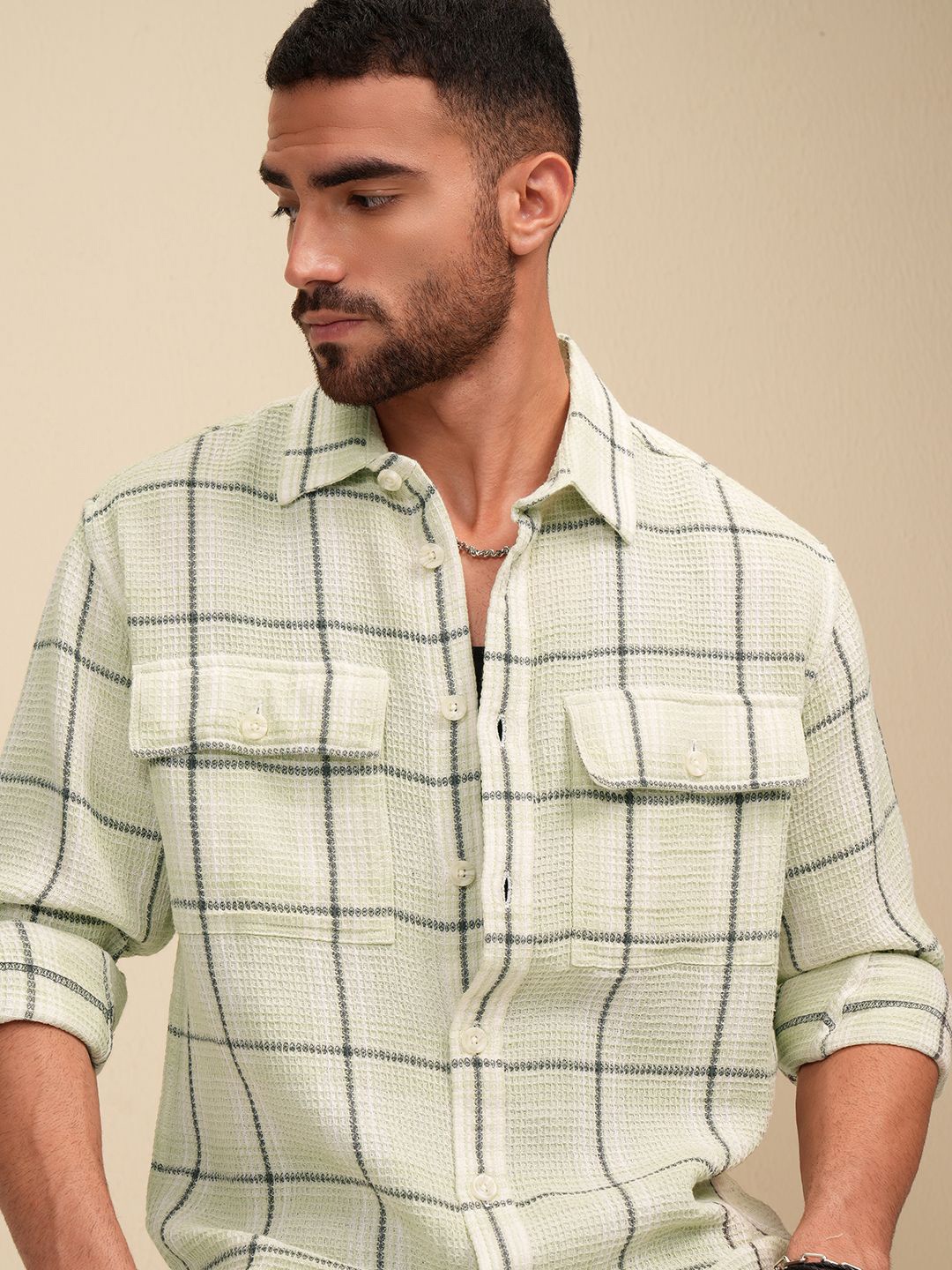 

LOCOMOTIVE Premium Men Waffle Dobby Checked Pocket Oversized Shirt, Green