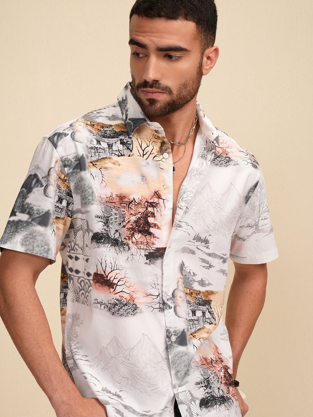 

LOCOMOTIVE Premium Men Graphic Printed Relaxed Fit Shirt, Cream