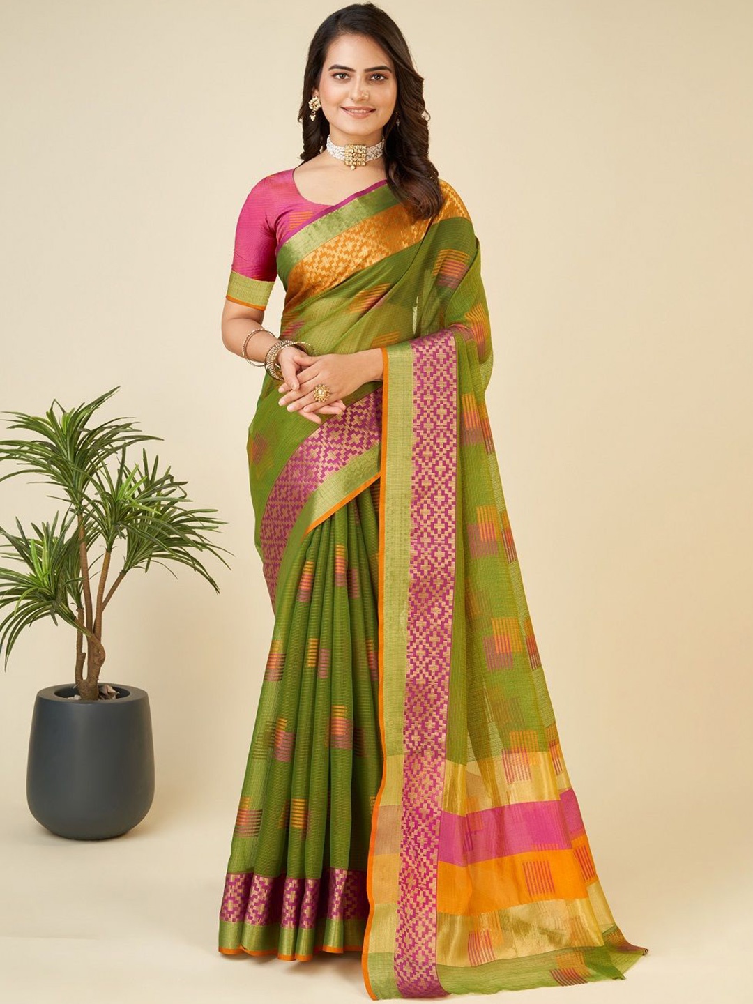 

Iris Woven Design Zari Kota Saree, Green