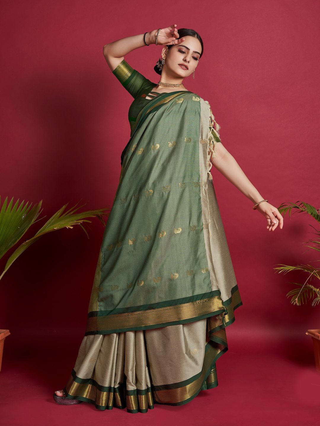 

Iris Woven Design Zari Kanjeevaram Saree, Beige