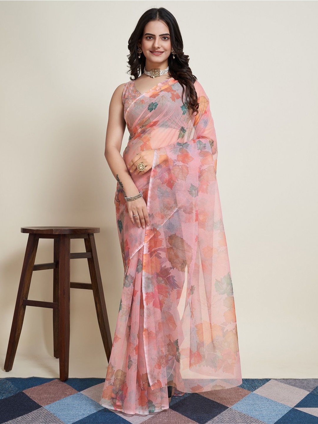 

Iris Floral Supernet Saree, Peach