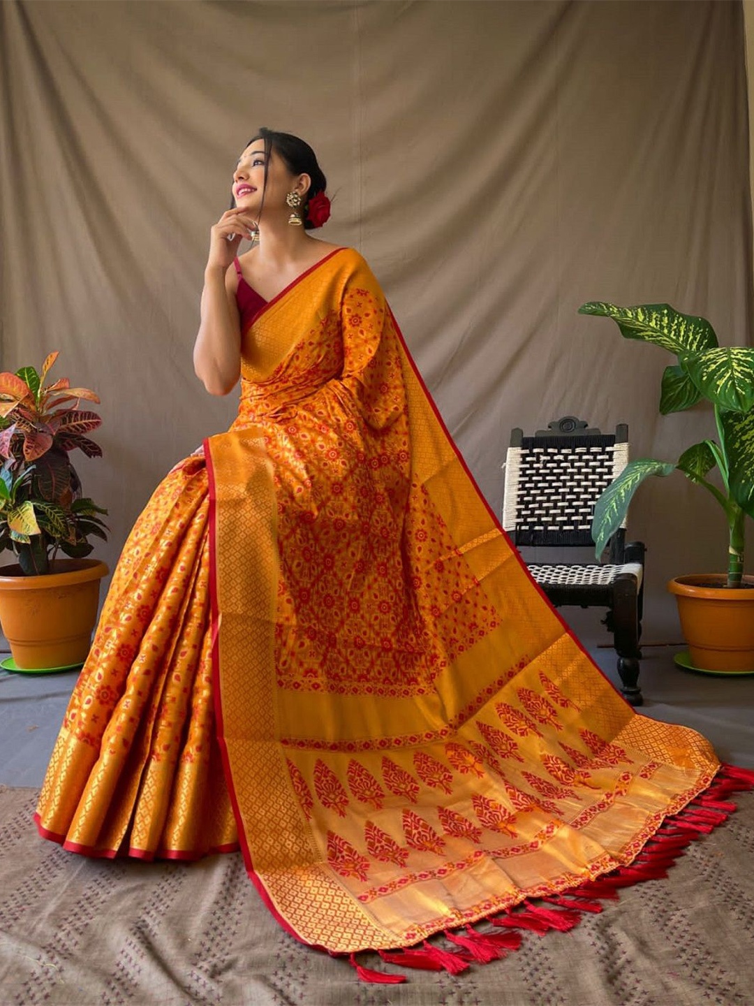 

Iris Woven Design Zari Patola Saree, Mustard