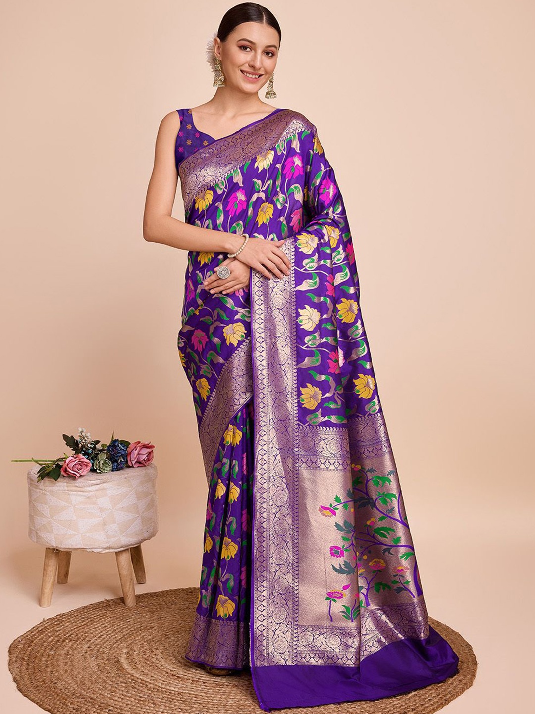 

Iris Woven Design Zari Pure Silk Paithani Saree, Violet