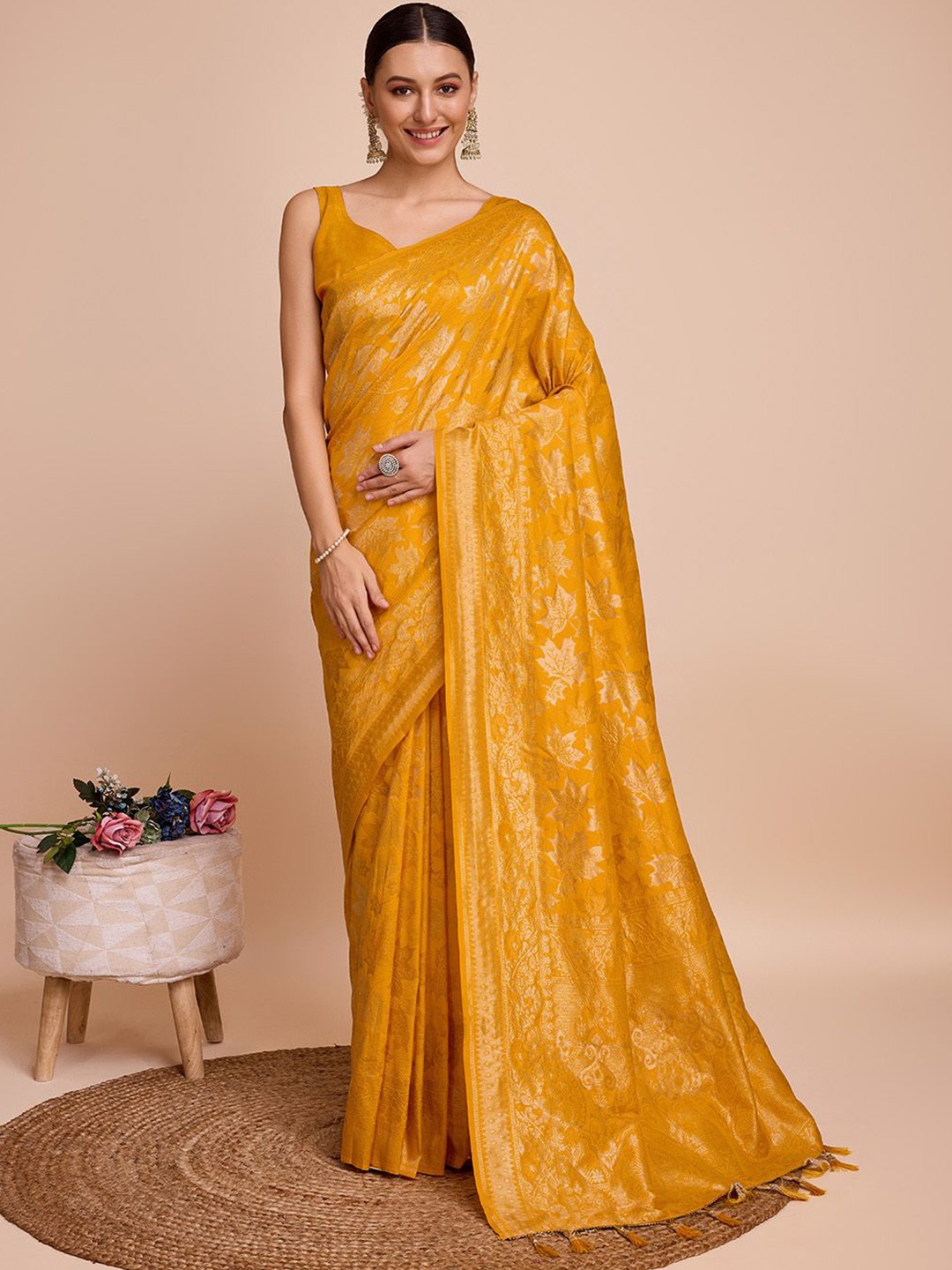 

Iris Woven Design Zari Pure Silk Banarasi Saree, Gold
