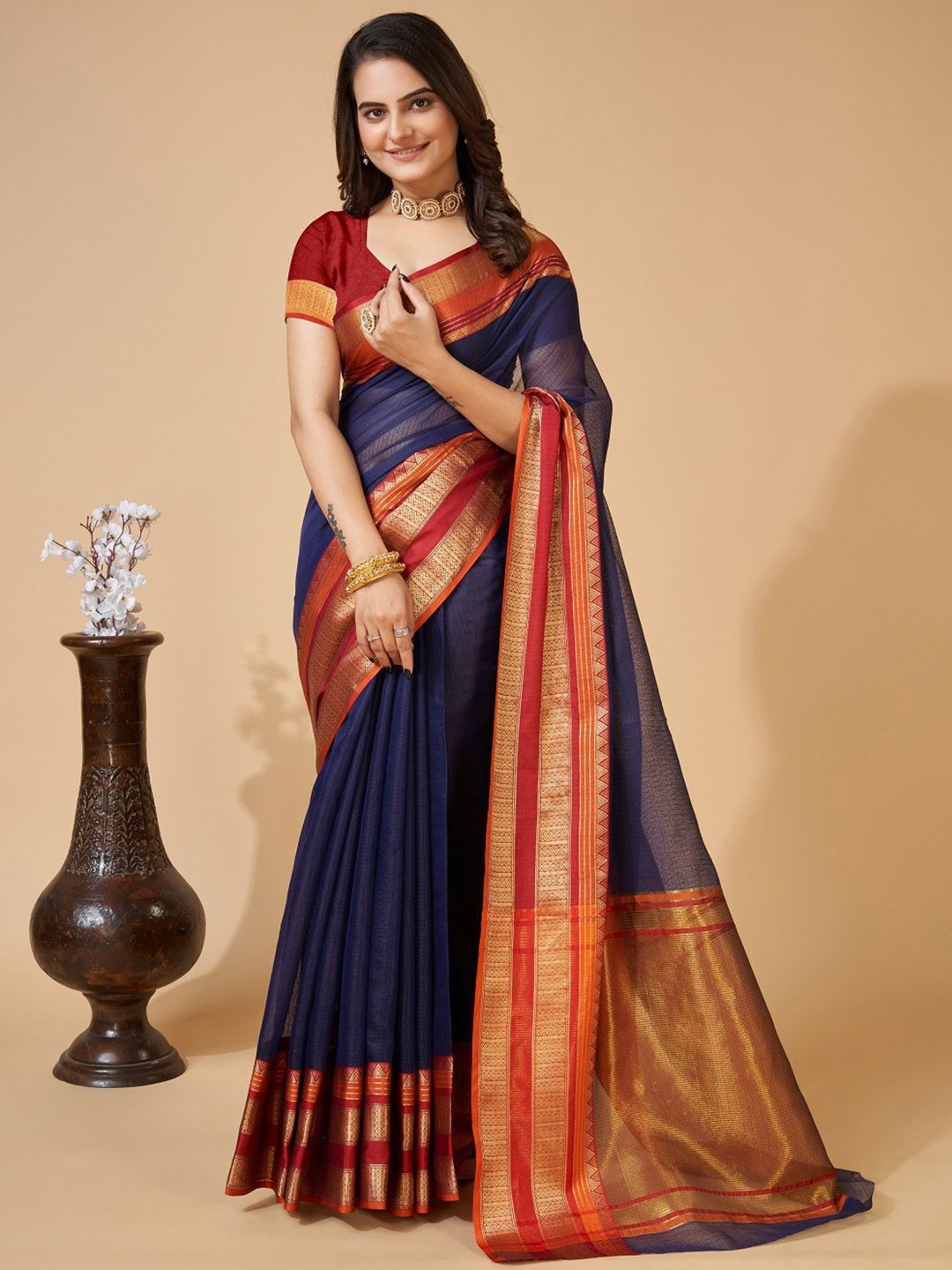 

Iris Woven Design Zari Kota Saree, Navy blue