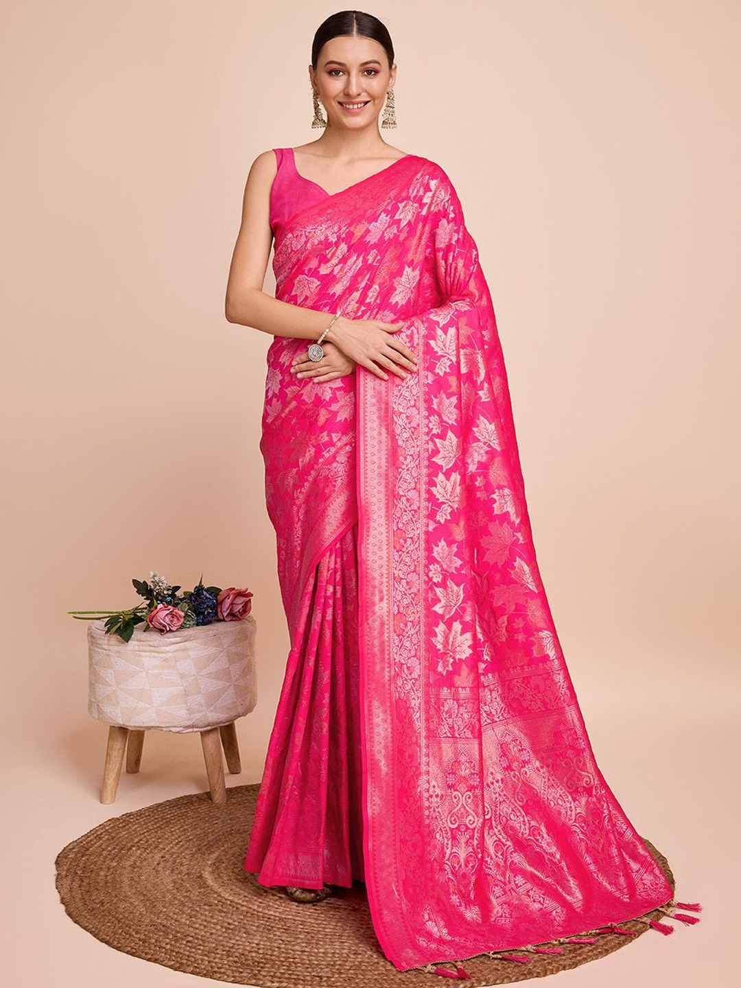 

Iris Woven Design Zari Pure Silk Banarasi Saree, Pink